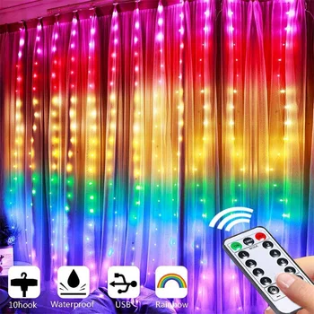  3x2.8M Dúha Fairy String Opony Svetlo S Diaľkovým Závesné LED Cencúľ Rainbow Svadobný Veniec Svetlá pre Dievčatá Spálňa Decor